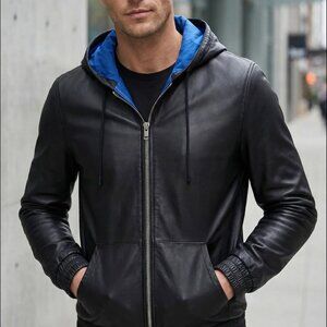 LAER Leather Hooded Jacket Medium Blue Inner - Great Piece